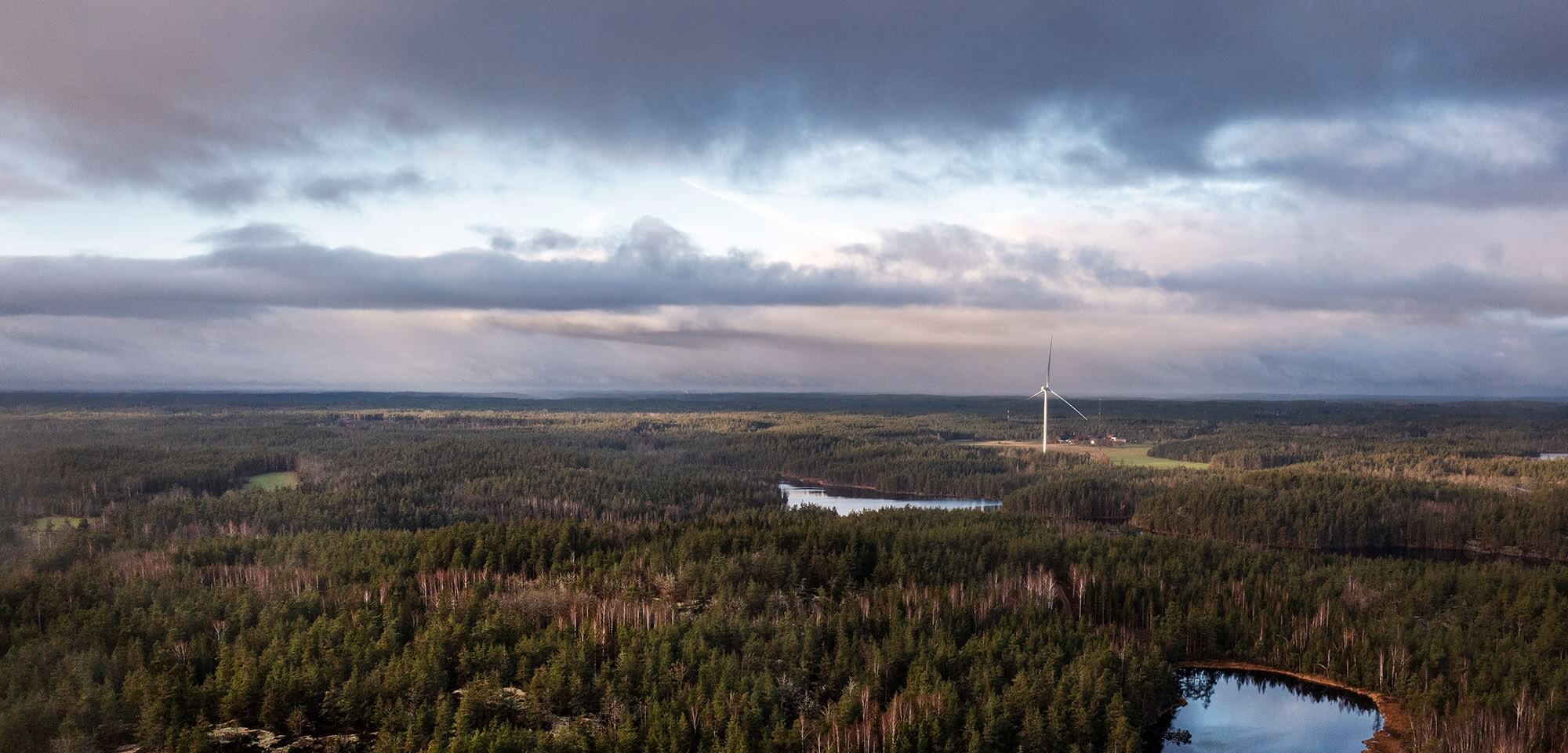 Vindkraftverk i ett skogsområde som illustrerar Lunsängen Hybridpark